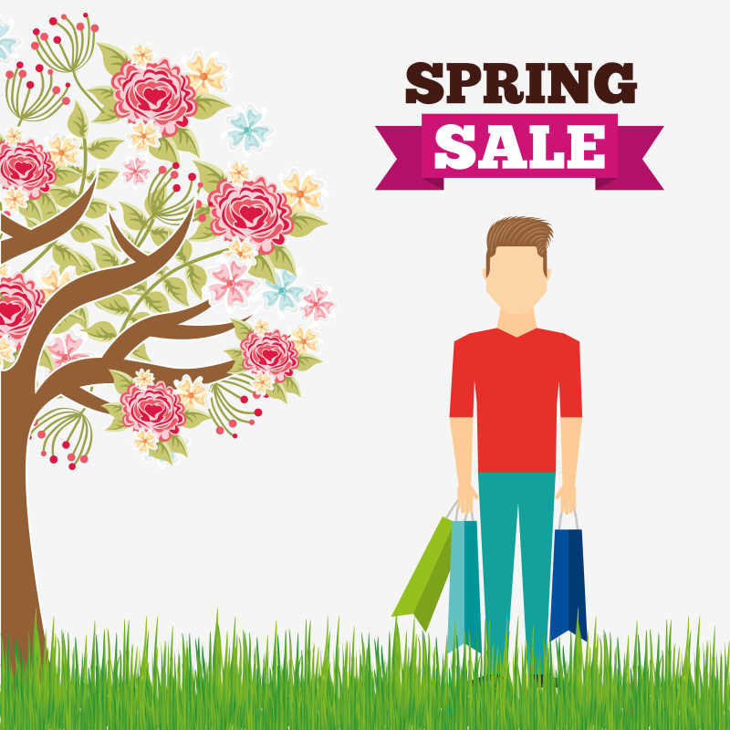 春季销售设计拎购物袋的男人矢量插图