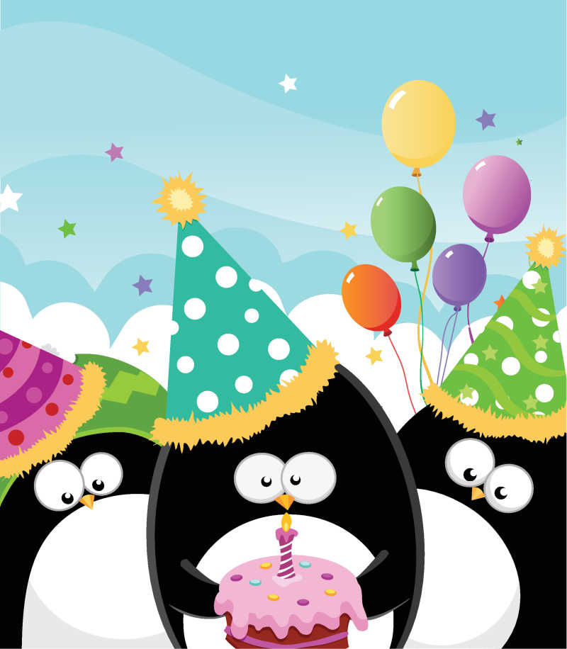 生日派对上的可爱企鹅矢量插画