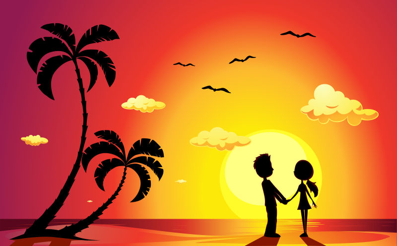 夕阳下的海滩恋人矢量卡通背景