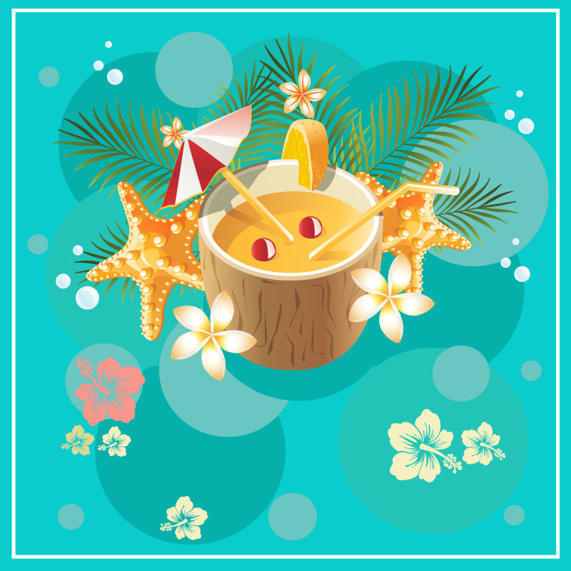 可爱的蓝色背景上的夏季椰子元素矢量插图背景