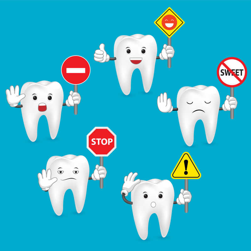 举着不同广告牌的卡通牙齿矢量插画