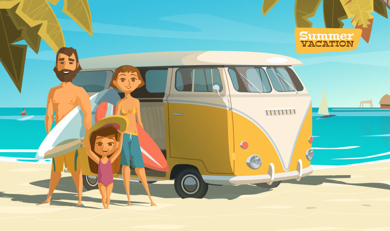海滩度假的家庭矢量插画
