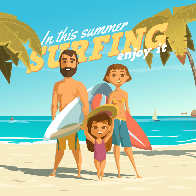 夏日海滩上准备冲浪的家庭矢量卡通插画