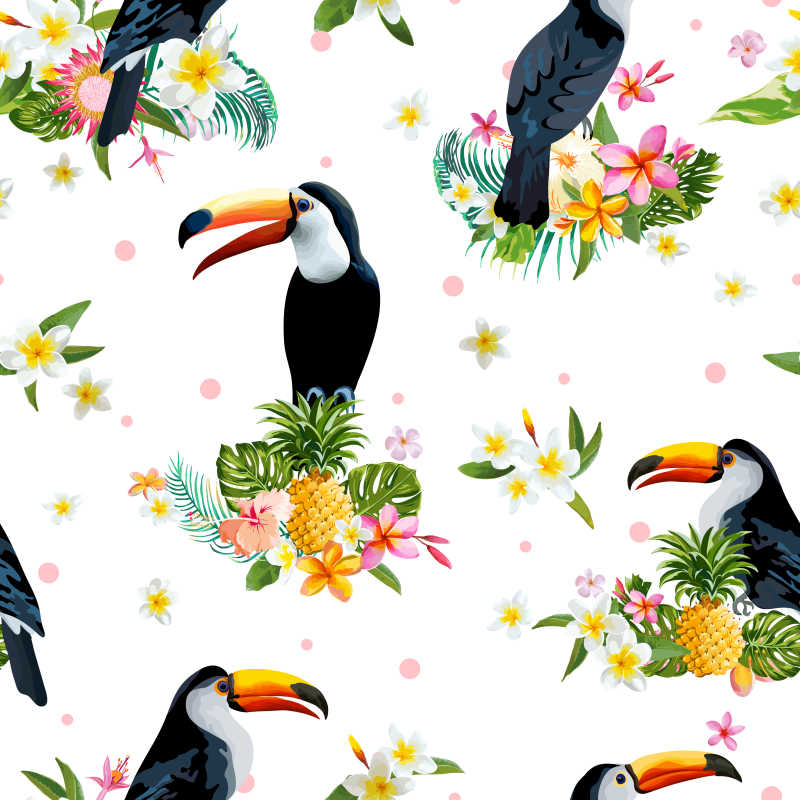 矢量巨嘴鸟热带花卉复古无缝背景插图