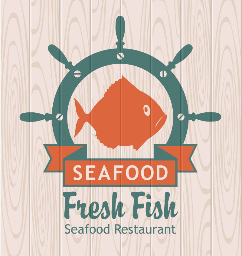 木板背景上的海鲜食物标志矢量插图