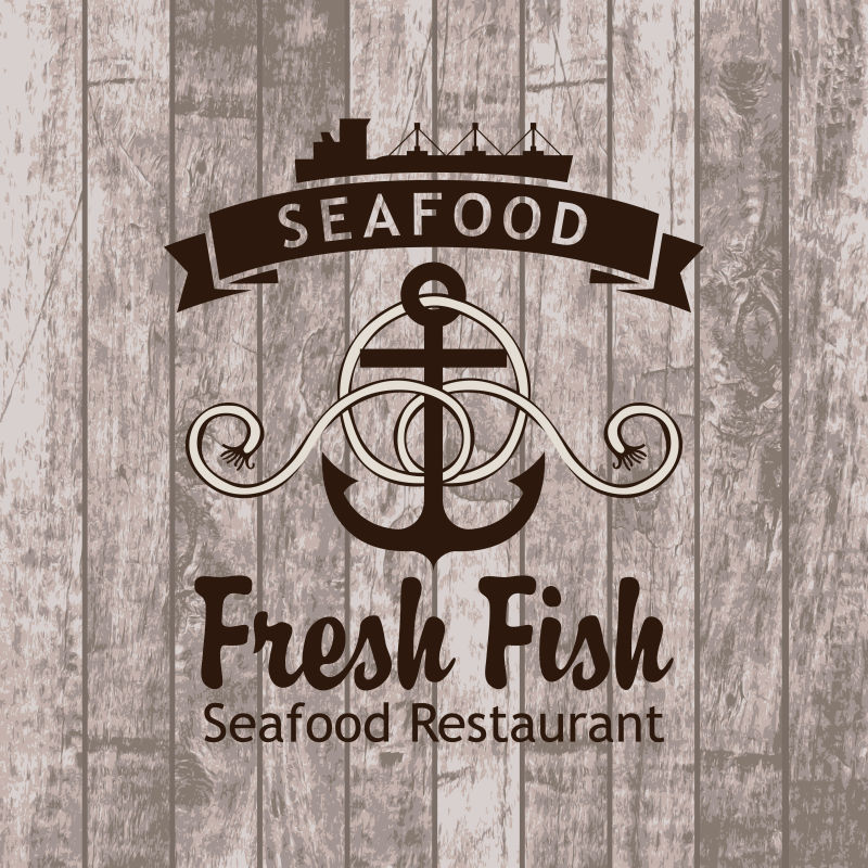 木板背景上的矢量海鲜餐厅标志设计