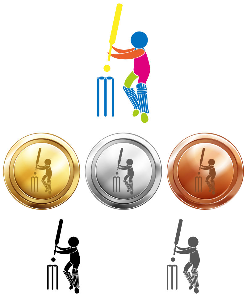 矢量板球项目的图标和奖牌